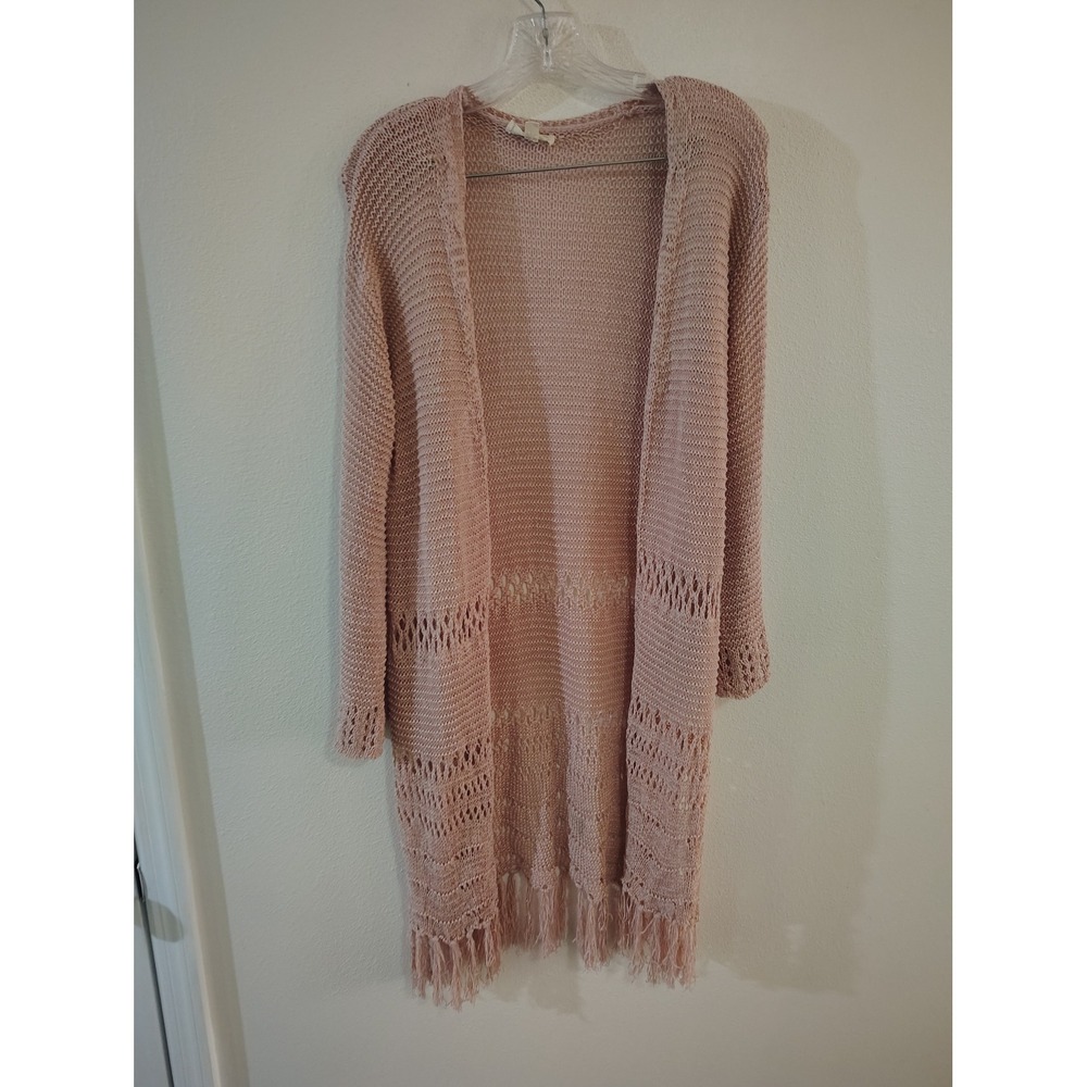 ee:some Womens Dusty Rose Pink Crochet Knit Fringe Duster Cardigan ML Open Front